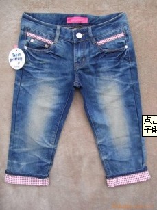 供应格子翻边牛仔七分裤
